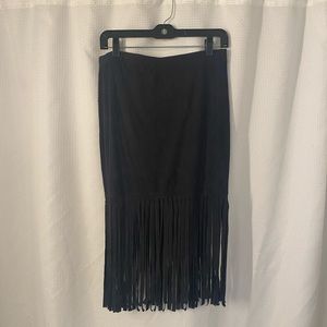 Black faux suede fringe skirt